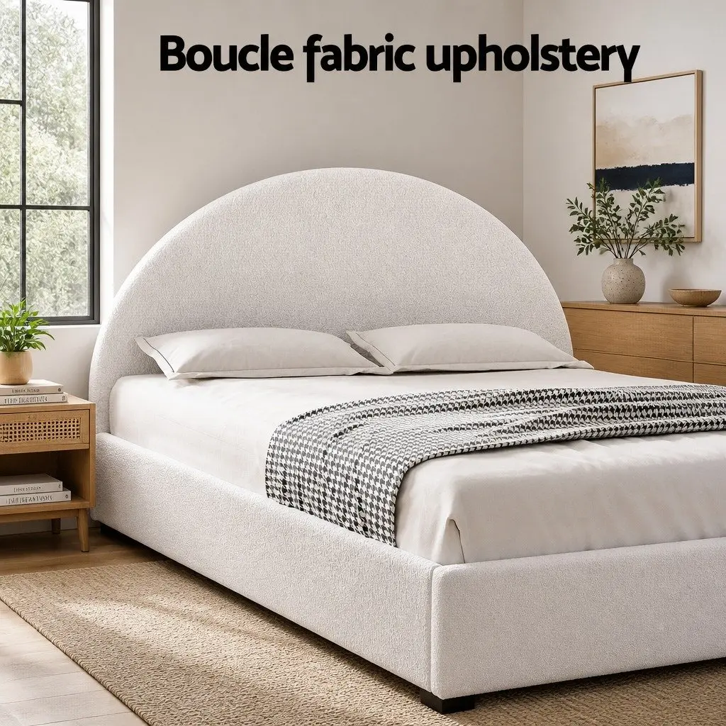 Queen Gas Lift Storage Bed Frame Boucle Upholstered Padded Beige