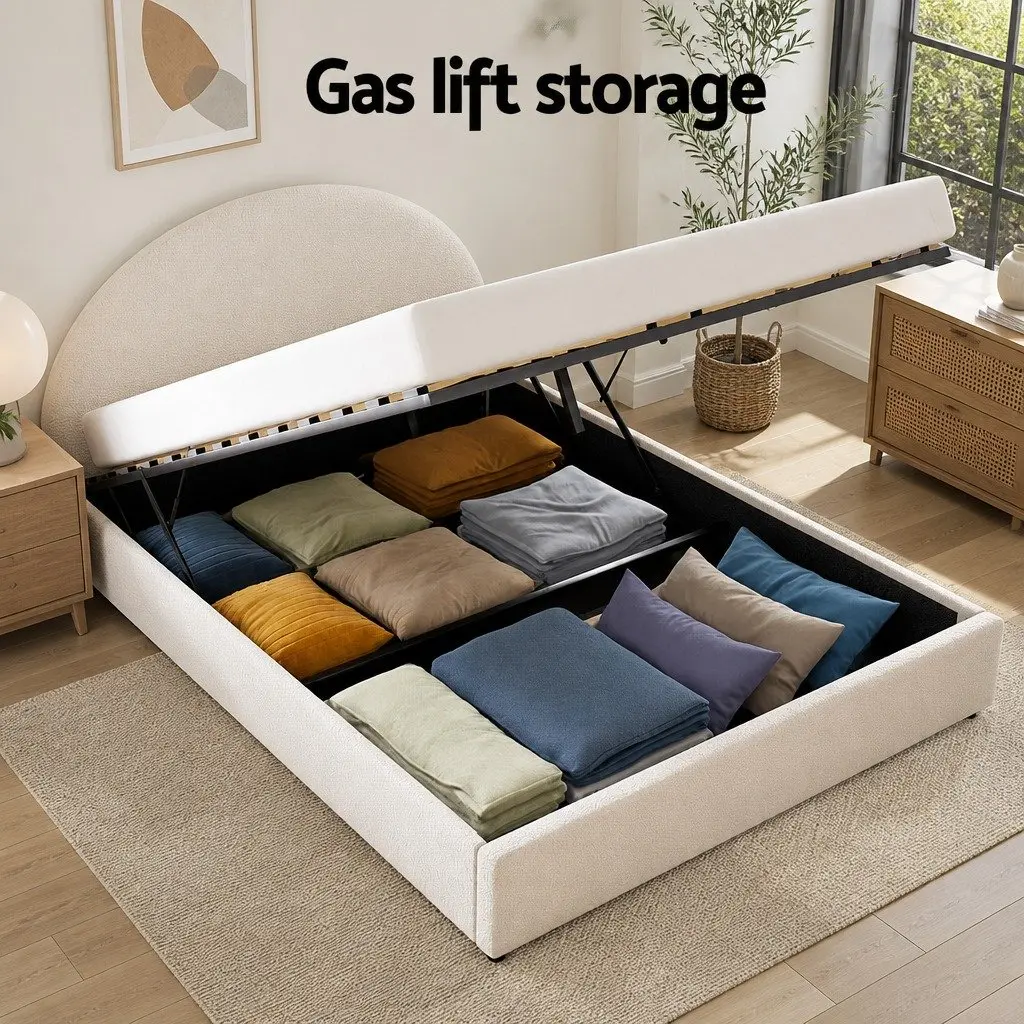 Queen Gas Lift Storage Bed Frame Boucle Upholstered Padded Beige
