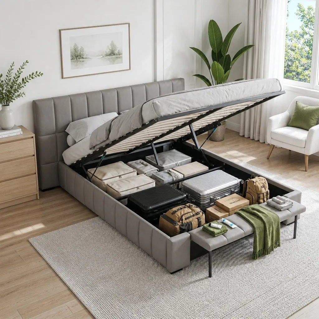 Double Bed Frame Gas Lift Storage Upholstered Grey 147W x 220L x 99H cm