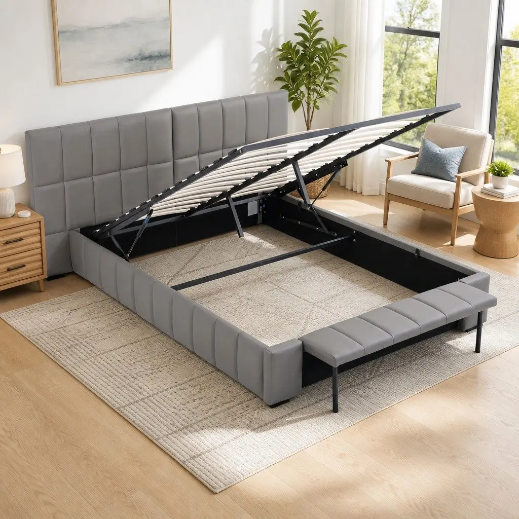 Double Bed Frame Gas Lift Storage Upholstered Grey 147W x 220L x 99H cm