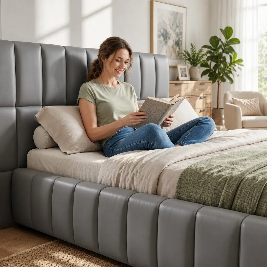 Double Bed Frame Gas Lift Storage Upholstered Grey 147W x 220L x 99H cm