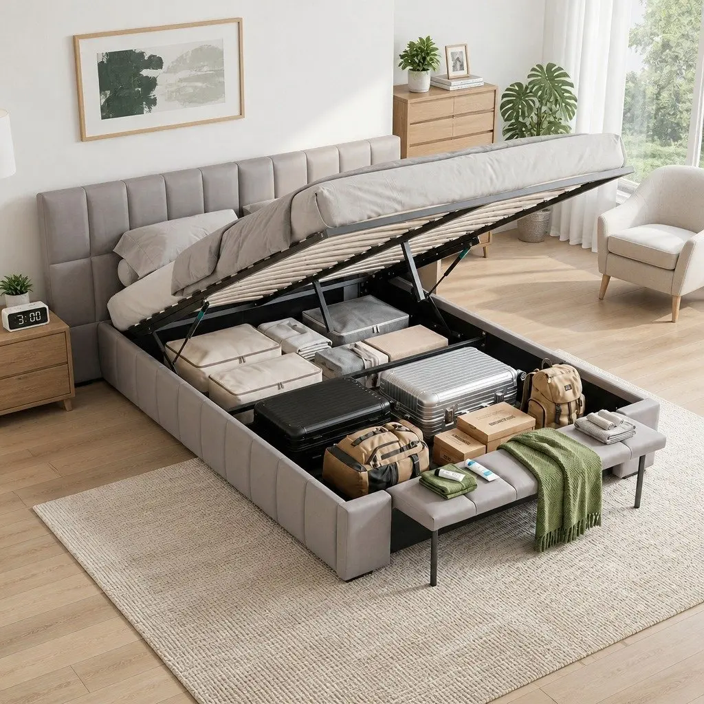 Double Bed Frame Gas Lift Storage Upholstered Grey 147W x 220L x 99H cm