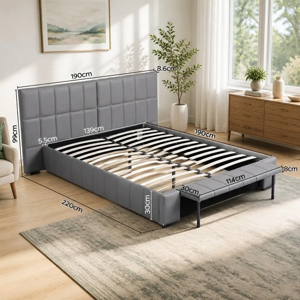 Double Bed Frame Gas Lift Storage Upholstered Grey 147W x 220L x 99H cm