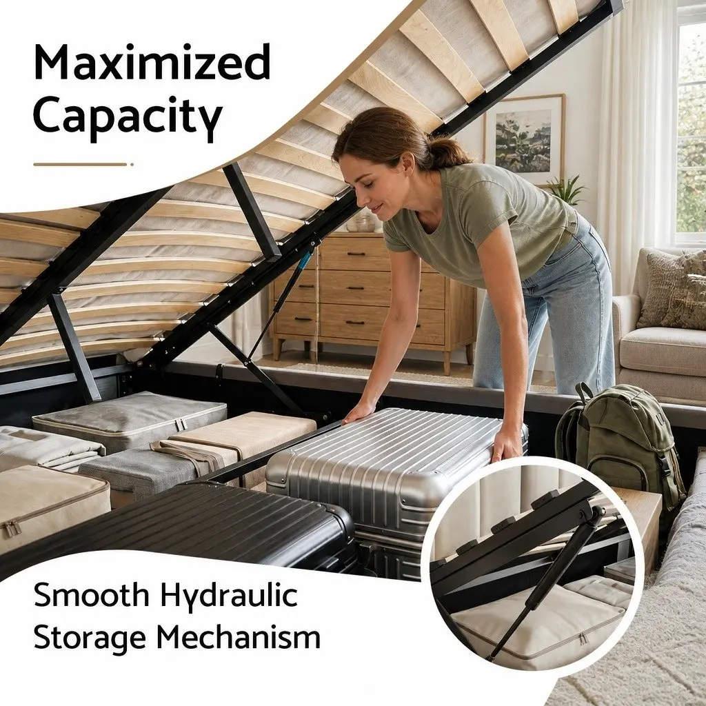 Double Bed Frame Gas Lift Storage Upholstered Grey 147W x 220L x 99H cm