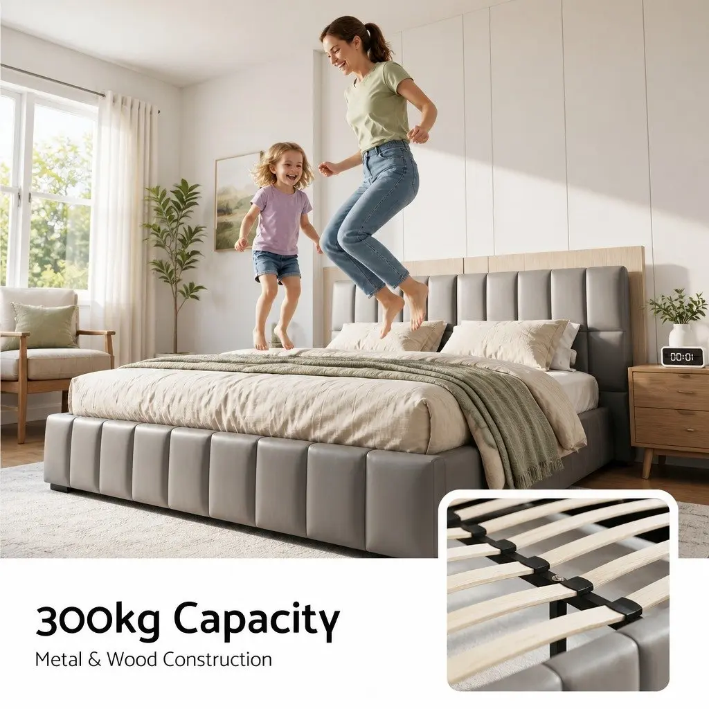 Double Bed Frame Gas Lift Storage Upholstered Grey 147W x 220L x 99H cm