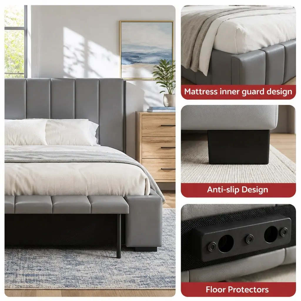 Double Bed Frame Gas Lift Storage Upholstered Grey 147W x 220L x 99H cm
