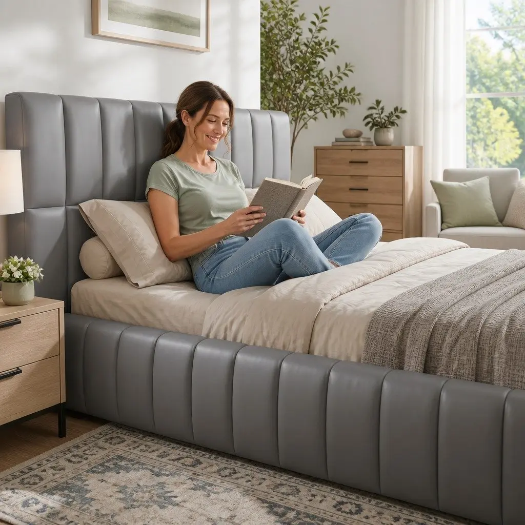 Double Bed Frame Gas Lift Storage Upholstered Grey 147W x 220L x 99H cm