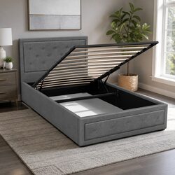 King Single Bed Frame Gas Lift Storage Grey Upholstered Wooden Slat Base