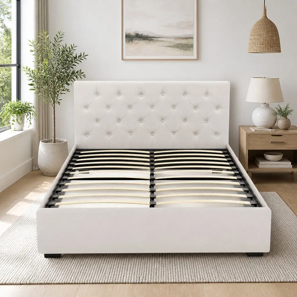 Double Bed Frame Gas Lift Storage Upholstered Linen Beige 203cm x 144cm x 99cm