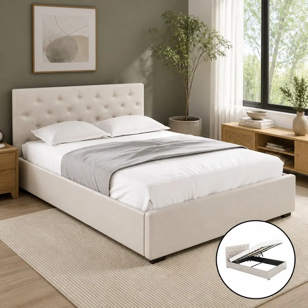 Double Bed Frame Gas Lift Storage Upholstered Linen Beige 203cm x 144cm x 99cm
