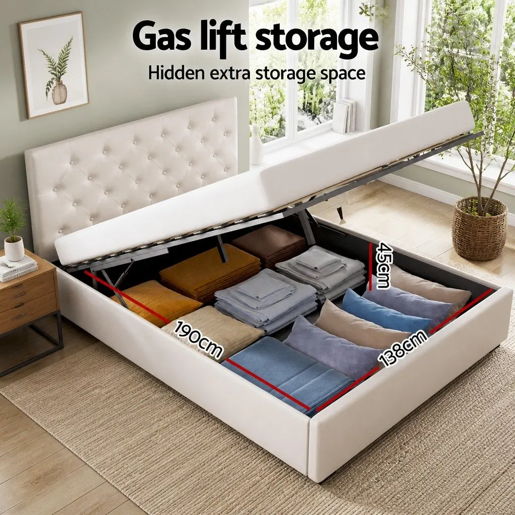 Double Bed Frame Gas Lift Storage Upholstered Linen Beige 203cm x 144cm x 99cm