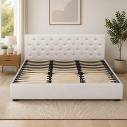 King Size Gas Lift Bed Frame with Storage Upholstered Headboard Beige Bedroom
