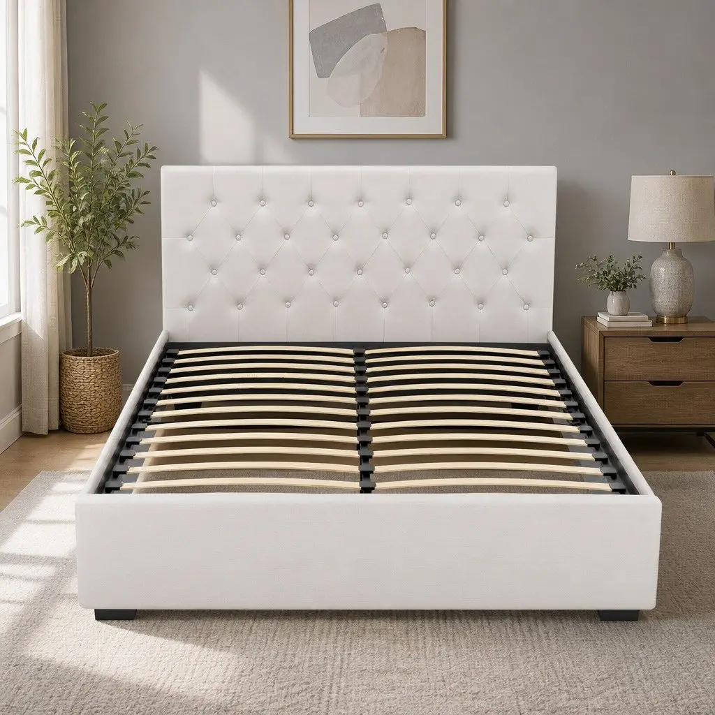 Queen Size Bed Frame Upholstered Beige with Gas Lift Storage and Tufted Headboard