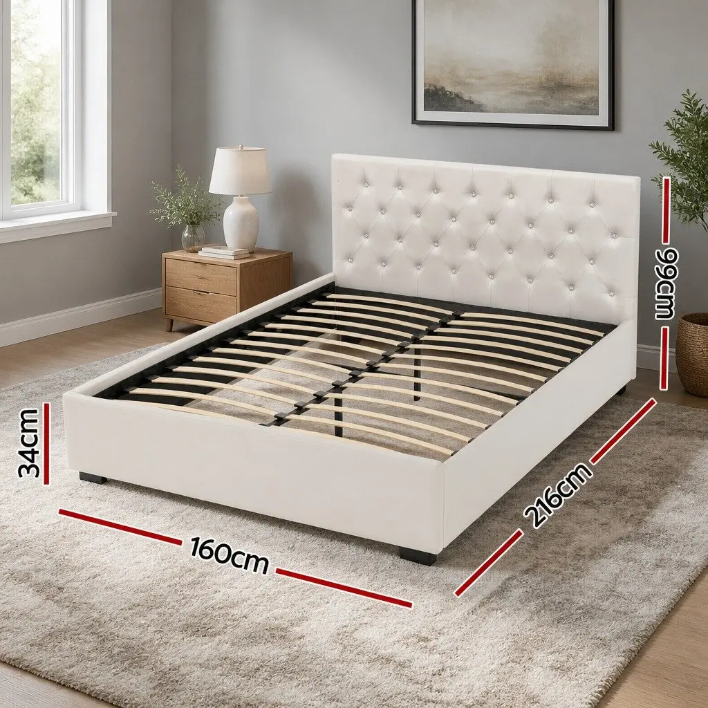 Queen Size Bed Frame Upholstered Beige with Gas Lift Storage and Tufted Headboard