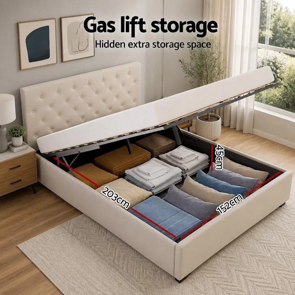 Queen Size Bed Frame Upholstered Beige with Gas Lift Storage and Tufted Headboard