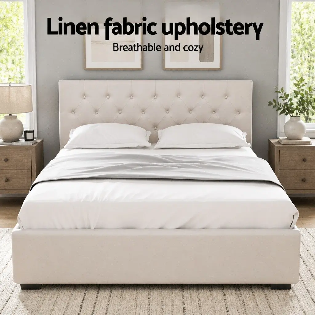 Queen Size Bed Frame Upholstered Beige with Gas Lift Storage and Tufted Headboard