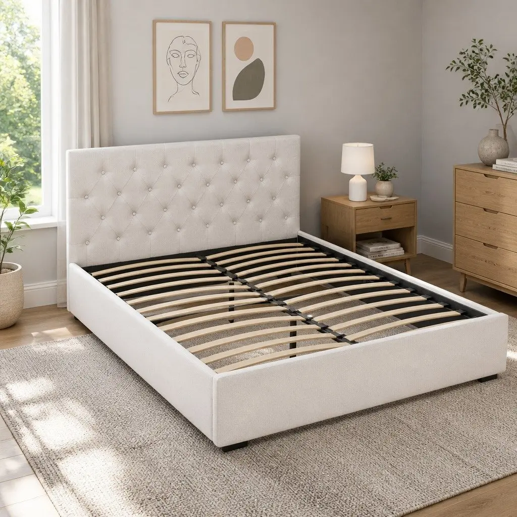 Queen Size Bed Frame Upholstered Beige with Gas Lift Storage and Tufted Headboard