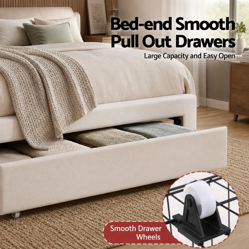 King Single Bed Frame with Storage Drawer LED Headboard Upholstered Platform