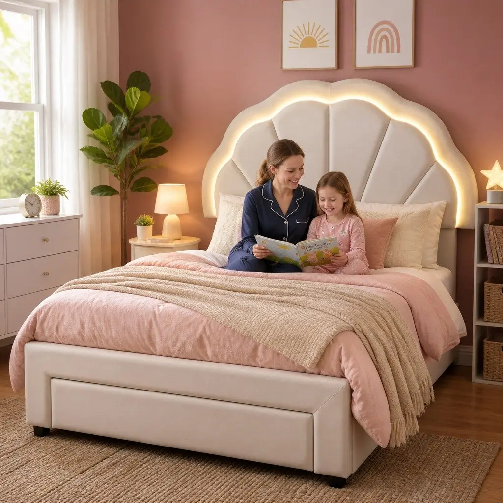 King Single Bed Frame with Storage Drawer LED Headboard Upholstered Platform