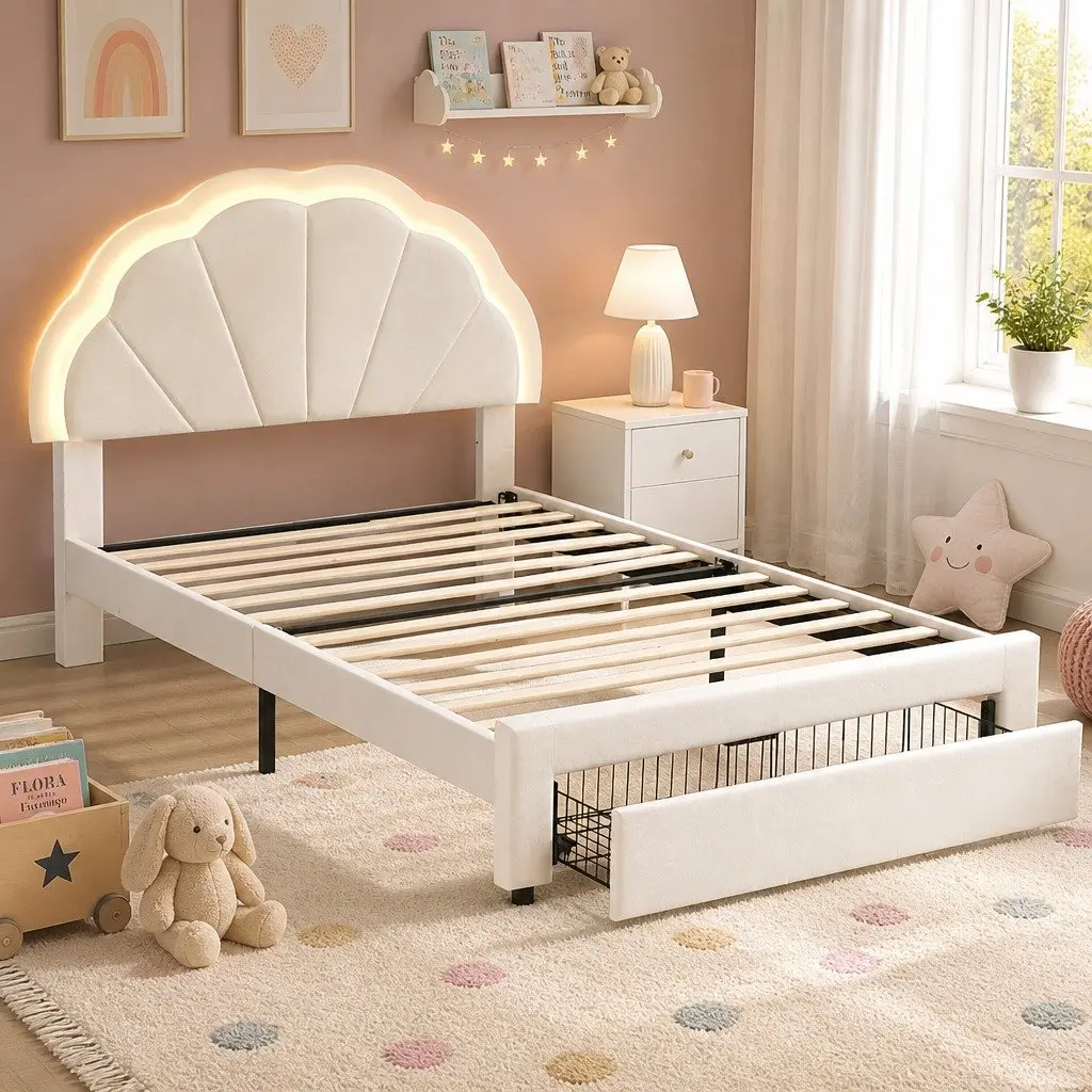 King Single Bed Frame with Storage Drawer LED Headboard Upholstered Platform