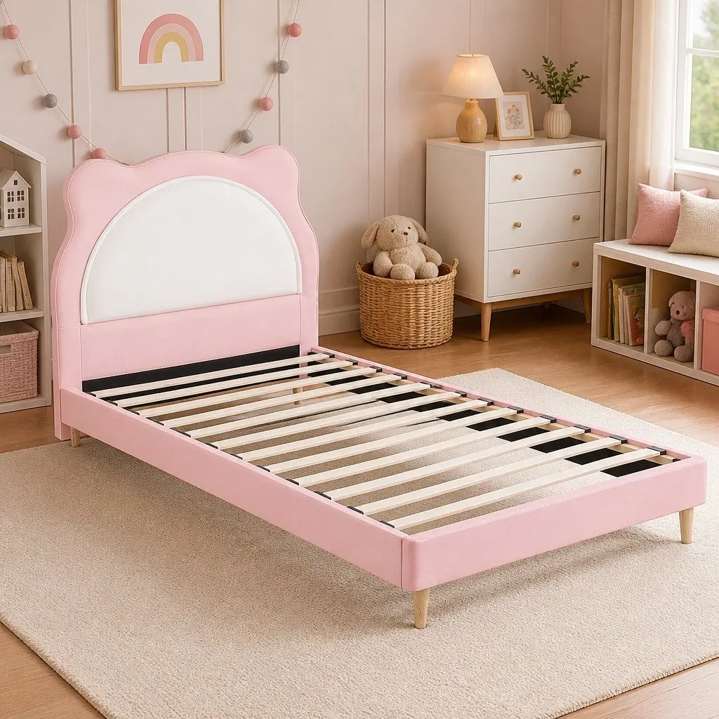 King Single Bed Frame Upholstered Pastel Pink Kids Bedroom with Cute Animal Headboard