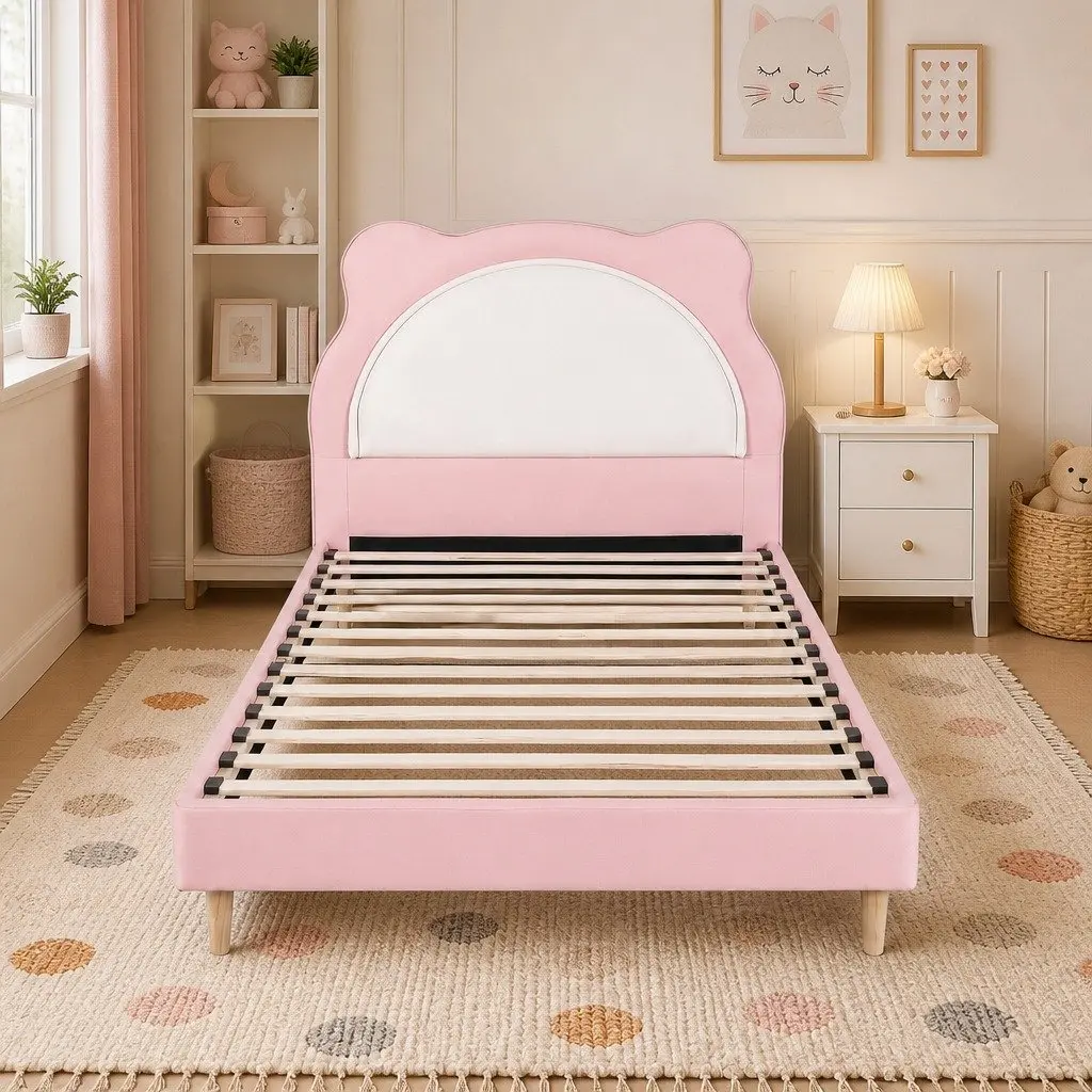 King Single Bed Frame Upholstered Pastel Pink Kids Bedroom with Cute Animal Headboard
