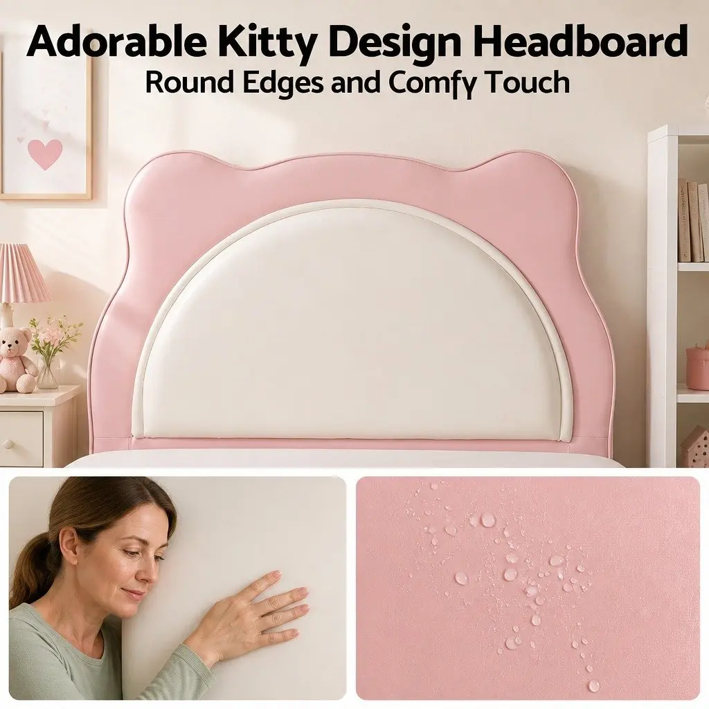 King Single Bed Frame Upholstered Pastel Pink Kids Bedroom with Cute Animal Headboard