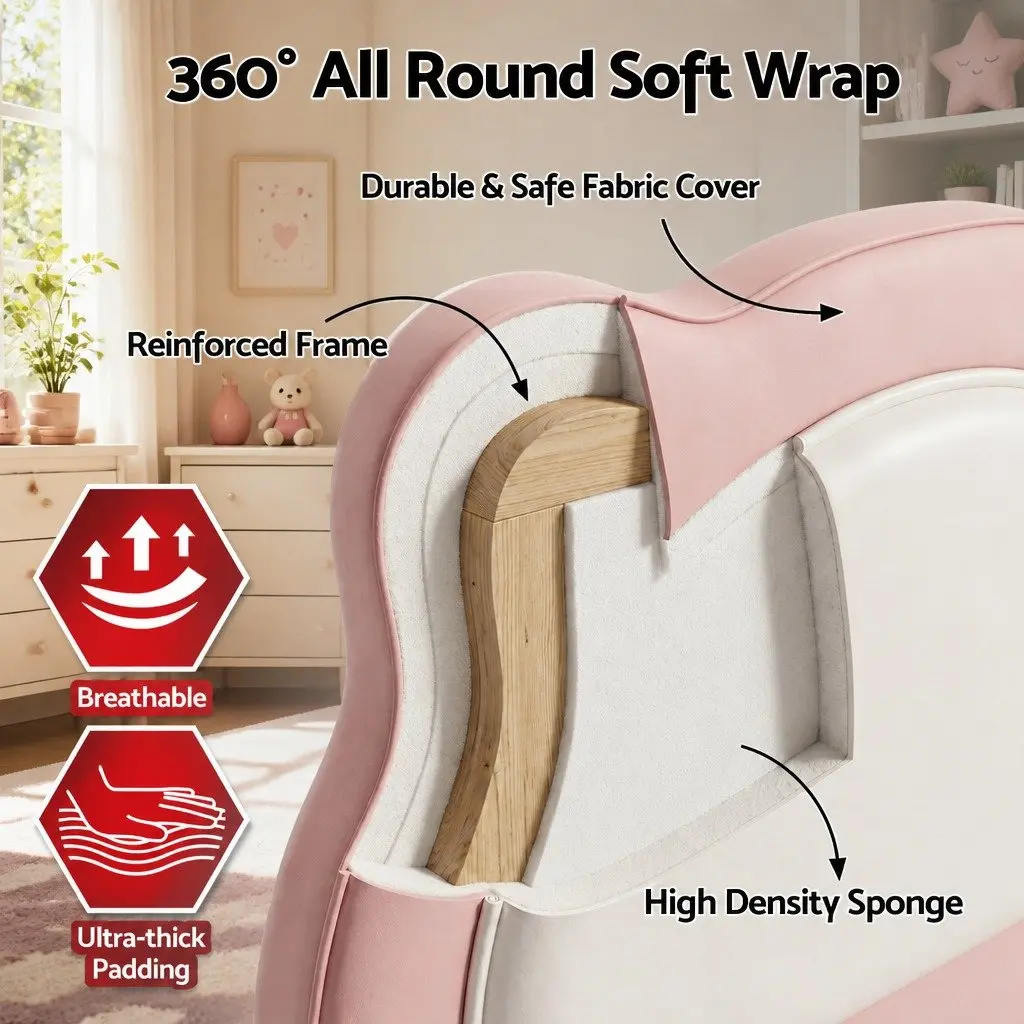 King Single Bed Frame Upholstered Pastel Pink Kids Bedroom with Cute Animal Headboard