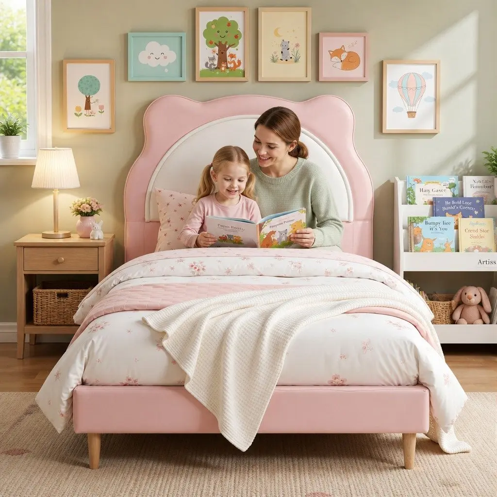 King Single Bed Frame Upholstered Pastel Pink Kids Bedroom with Cute Animal Headboard