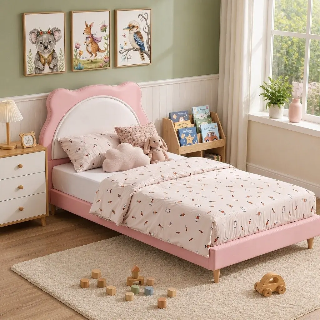 King Single Bed Frame Upholstered Pastel Pink Kids Bedroom with Cute Animal Headboard