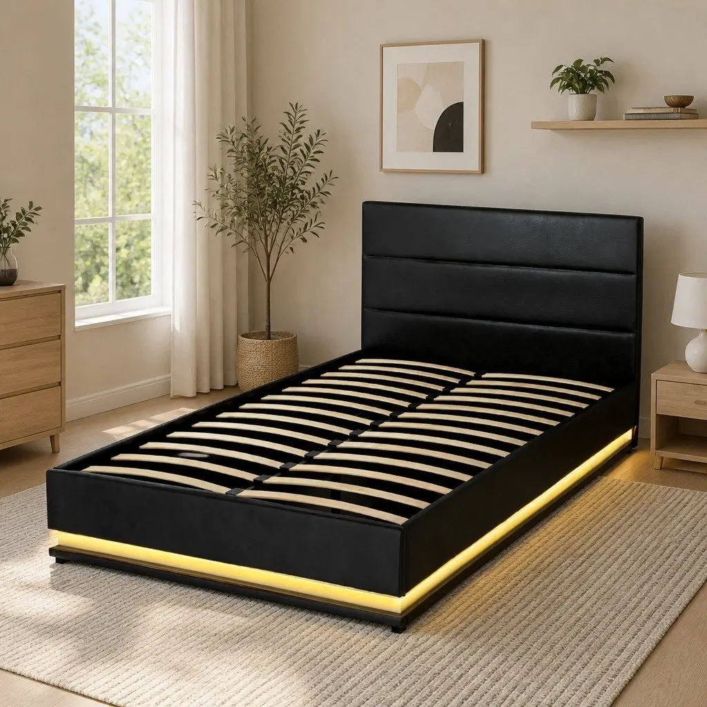 King Single Bed Frame Gas Lift Storage LED Lights Black Padded Headboard