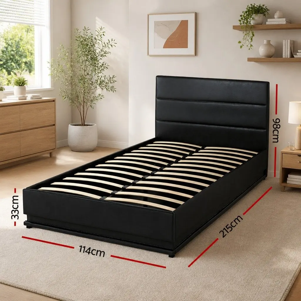 King Single Bed Frame Gas Lift Storage LED Lights Black Padded Headboard