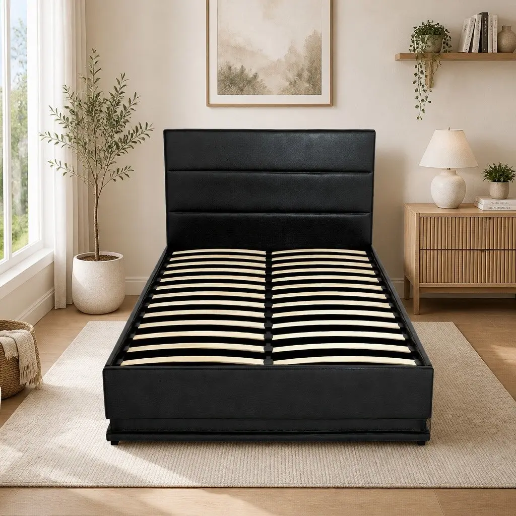 King Single Bed Frame Gas Lift Storage LED Lights Black Padded Headboard
