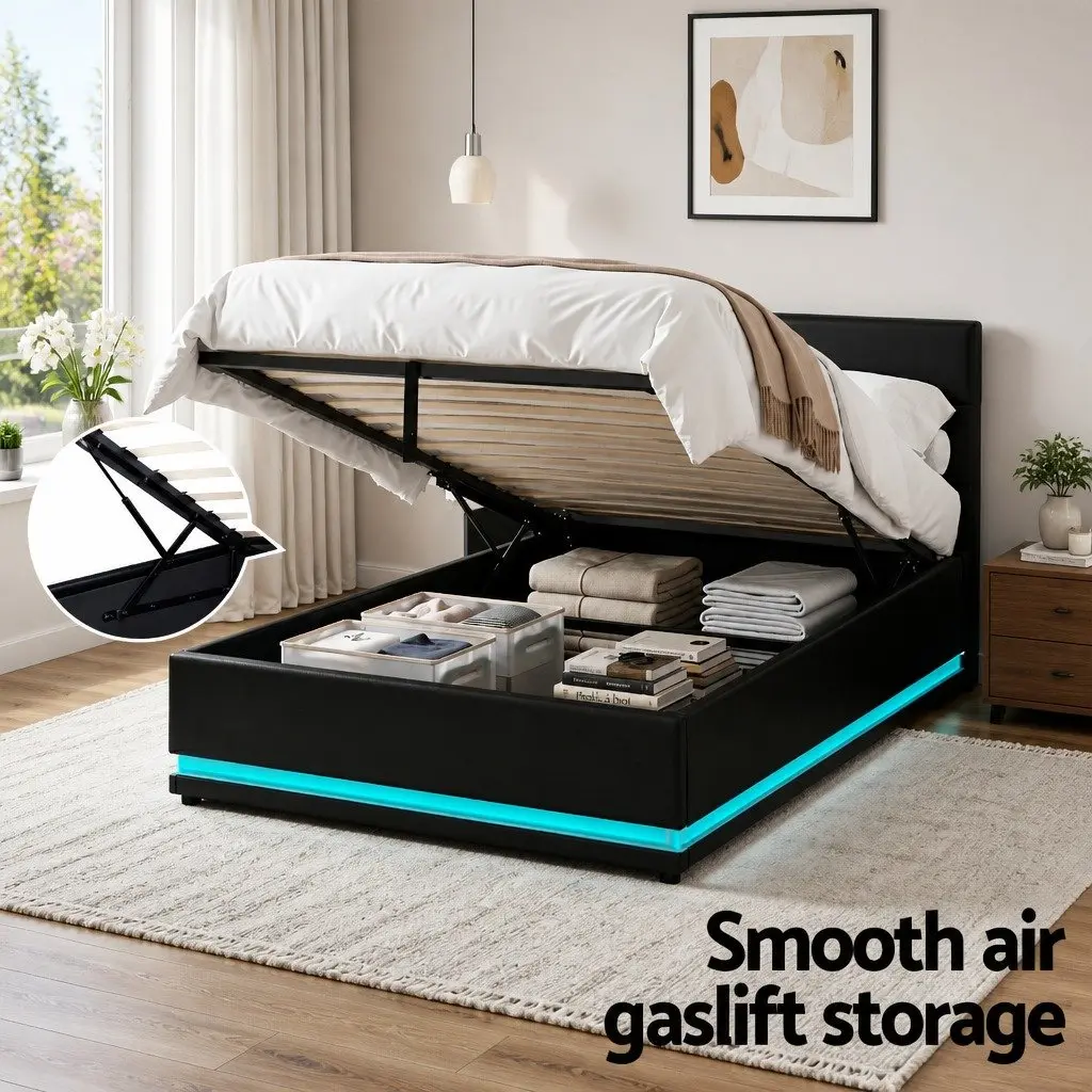 King Single Bed Frame Gas Lift Storage LED Lights Black Padded Headboard
