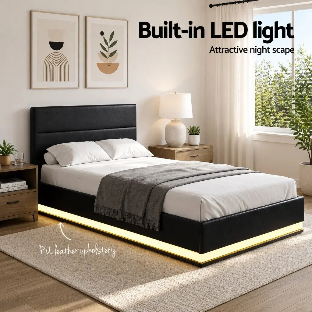 King Single Bed Frame Gas Lift Storage LED Lights Black Padded Headboard