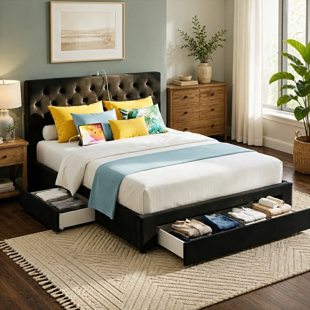 King Bed Frame with Storage Drawers Charging Station USB Type-C Upholstered