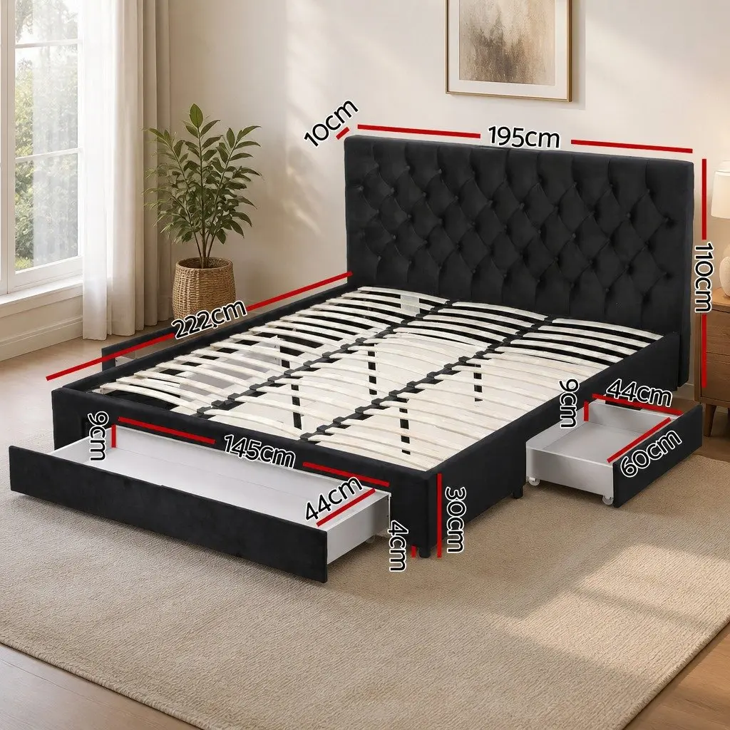 King Bed Frame with Storage Drawers Charging Station USB Type-C Upholstered