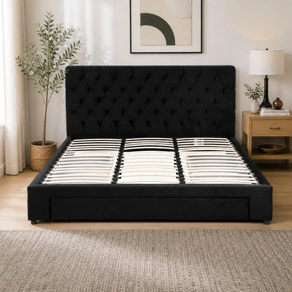 King Bed Frame with Storage Drawers Charging Station USB Type-C Upholstered