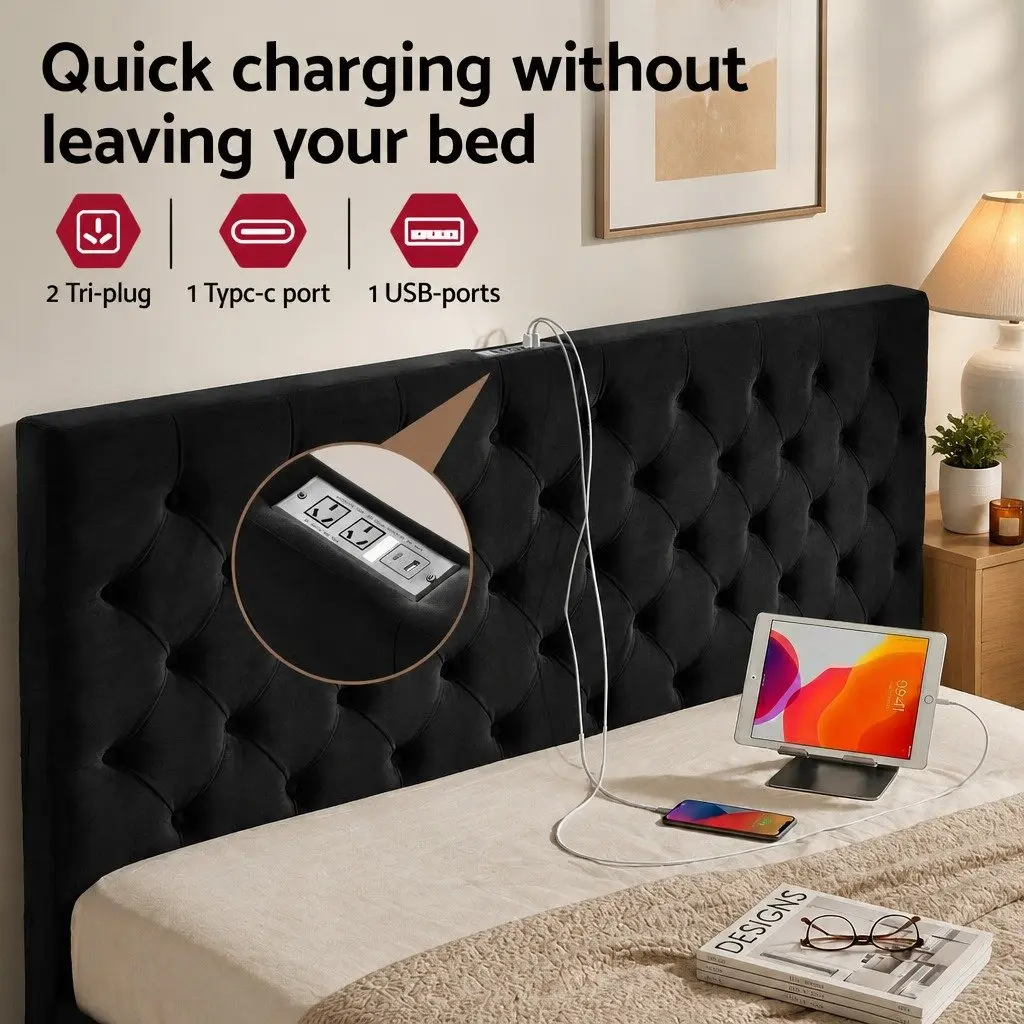 King Bed Frame with Storage Drawers Charging Station USB Type-C Upholstered