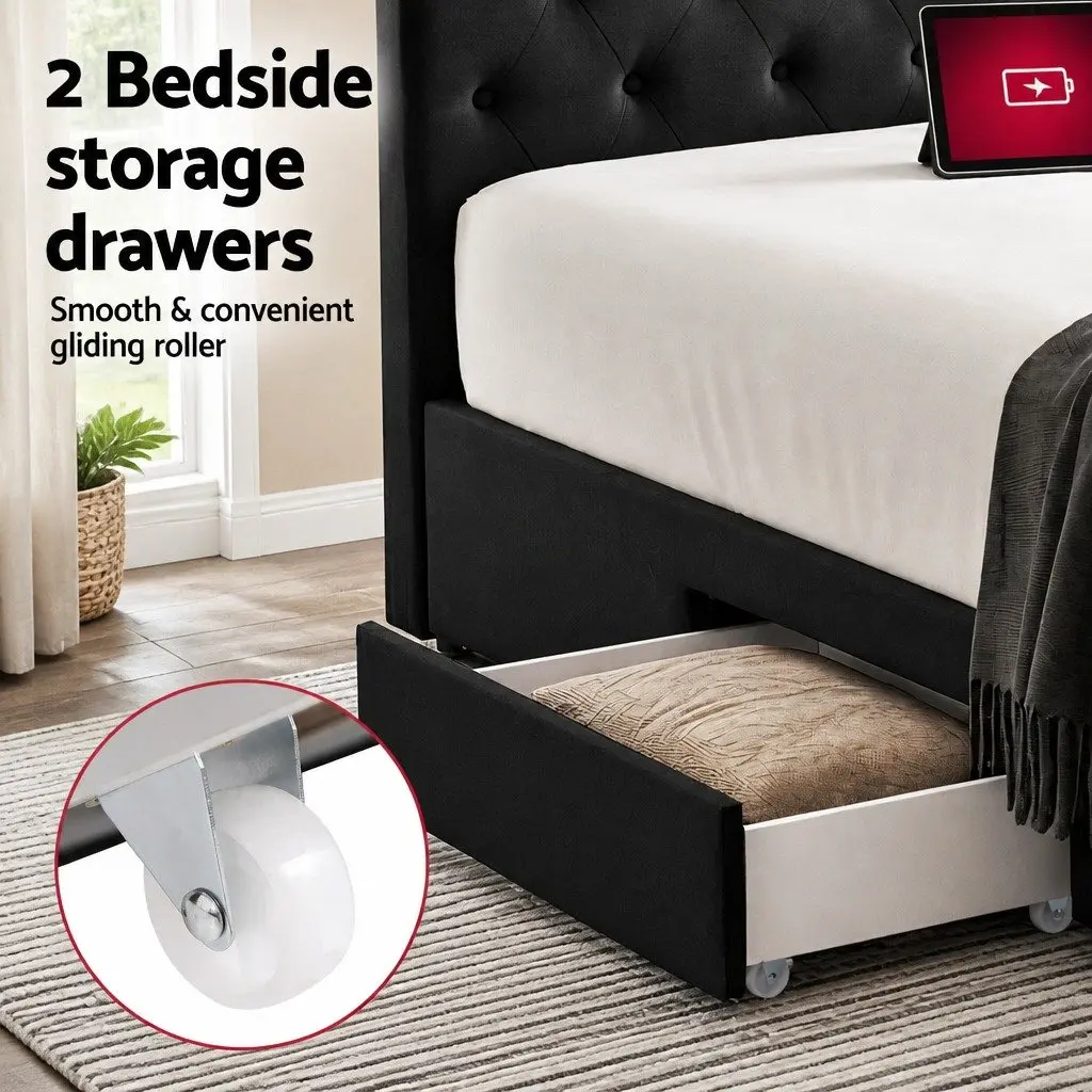King Bed Frame with Storage Drawers Charging Station USB Type-C Upholstered