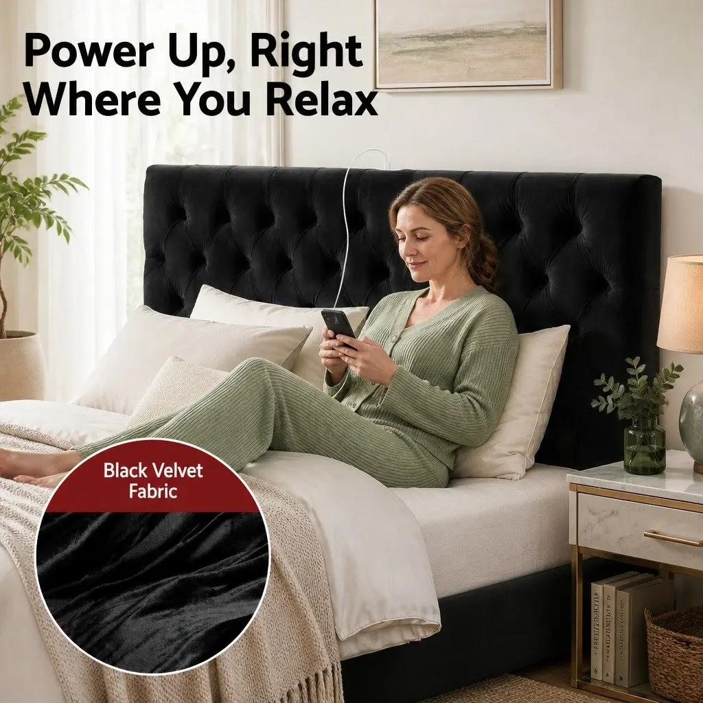 King Bed Frame with Storage Drawers Charging Station USB Type-C Upholstered