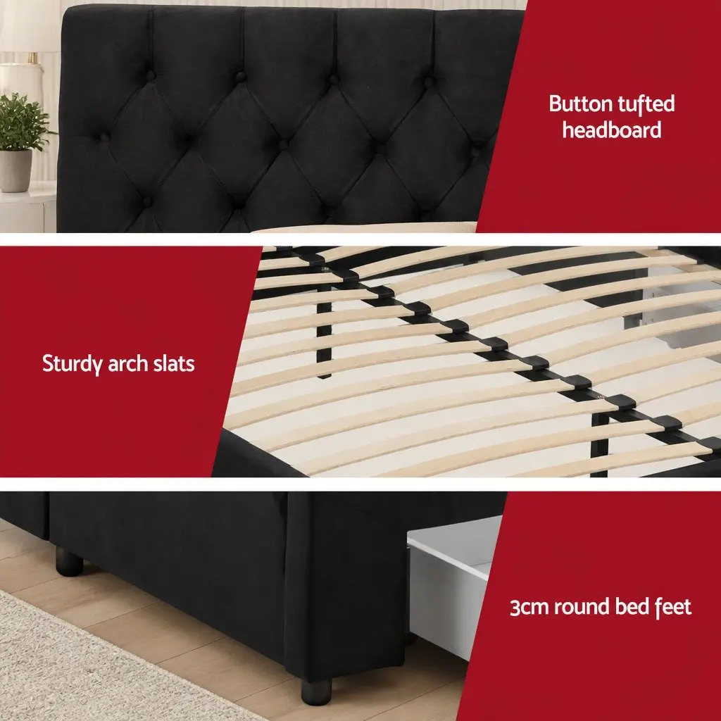 King Bed Frame with Storage Drawers Charging Station USB Type-C Upholstered