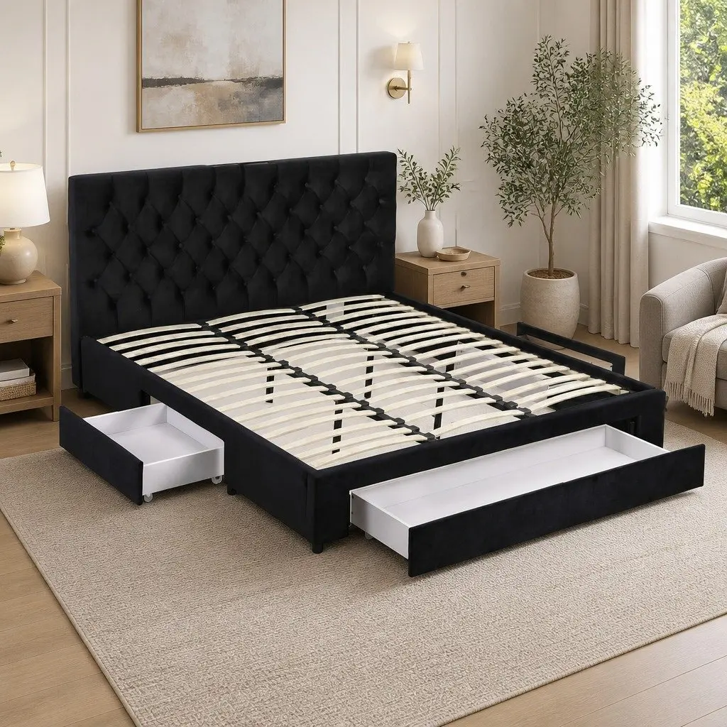 King Bed Frame with Storage Drawers Charging Station USB Type-C Upholstered