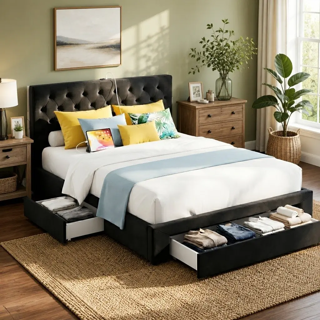 Queen Upholstered Bed Frame Velvet Black with Storage Drawers and Charging Station USB Type-C