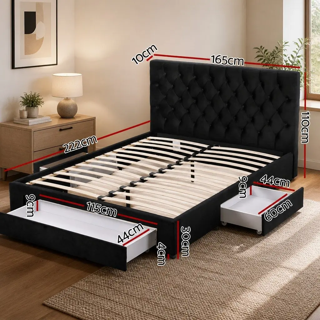 Queen Upholstered Bed Frame Velvet Black with Storage Drawers and Charging Station USB Type-C