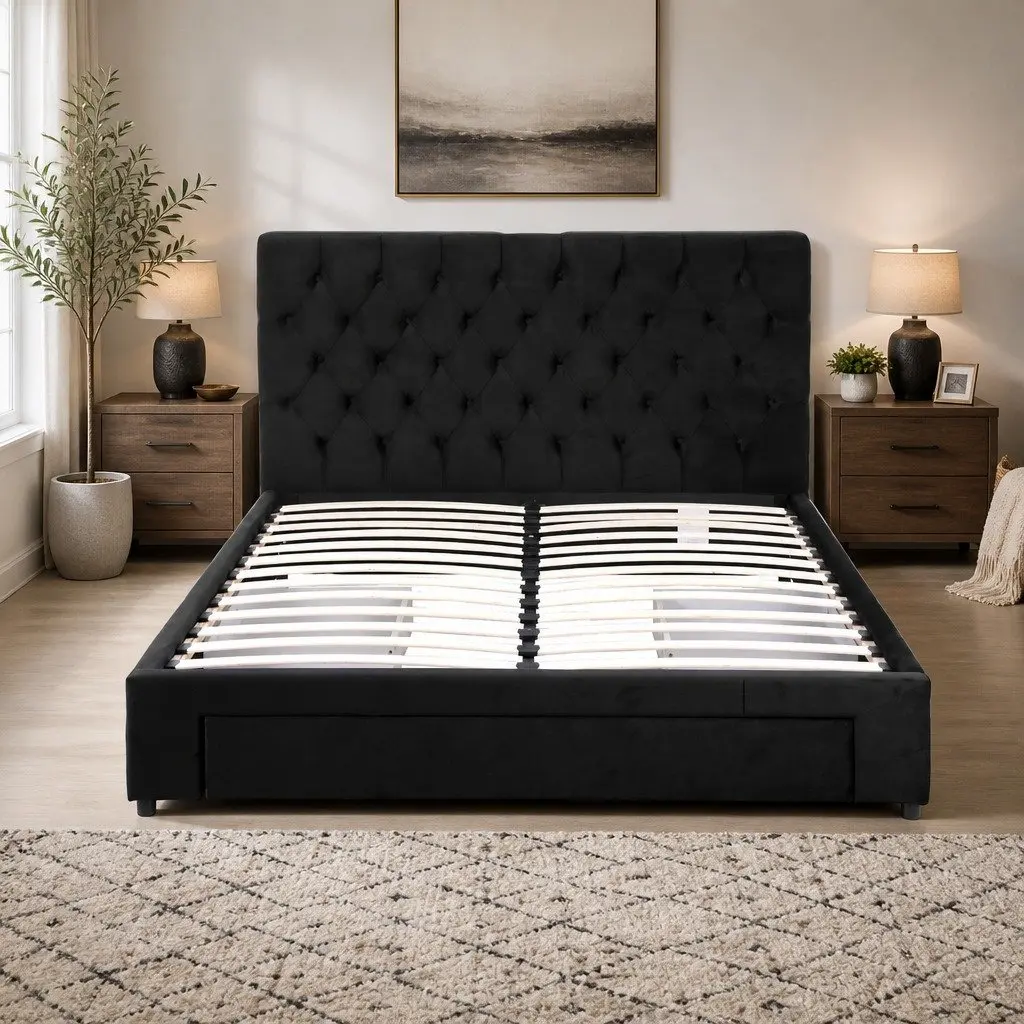 Queen Upholstered Bed Frame Velvet Black with Storage Drawers and Charging Station USB Type-C