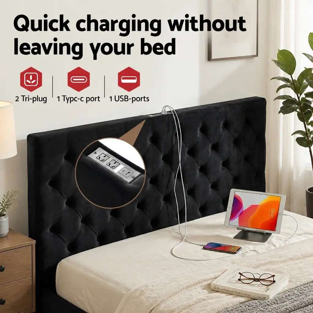 Queen Upholstered Bed Frame Velvet Black with Storage Drawers and Charging Station USB Type-C