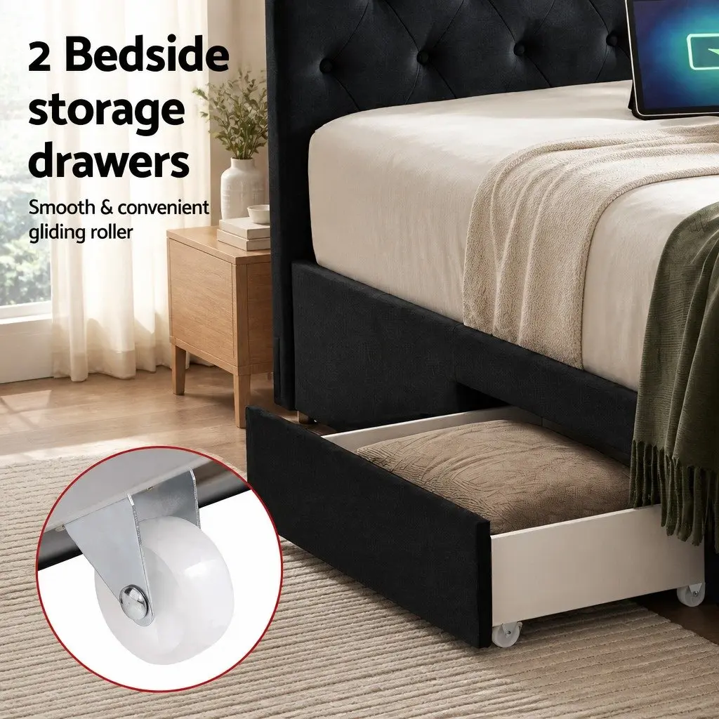 Queen Upholstered Bed Frame Velvet Black with Storage Drawers and Charging Station USB Type-C