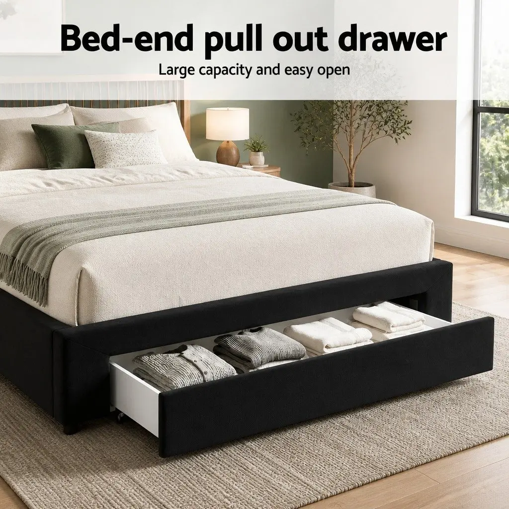 Queen Upholstered Bed Frame Velvet Black with Storage Drawers and Charging Station USB Type-C