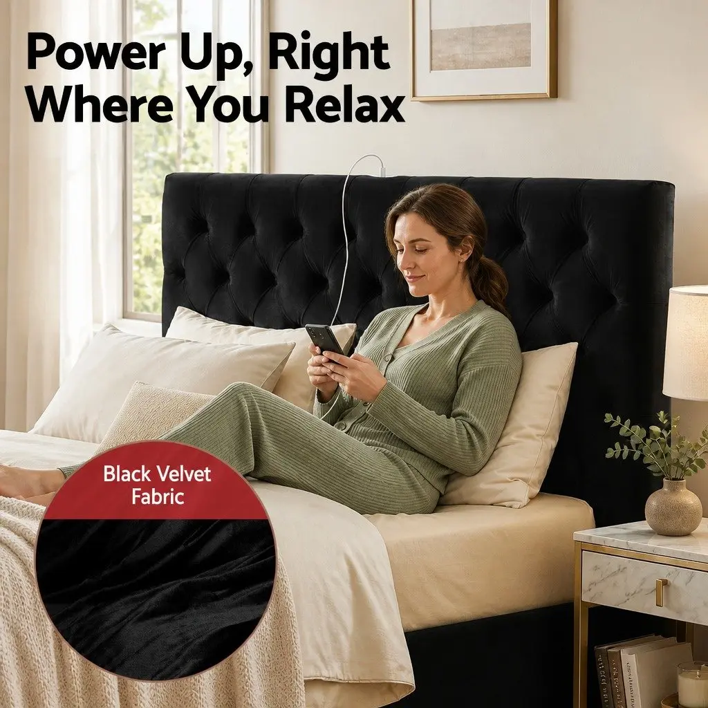Queen Upholstered Bed Frame Velvet Black with Storage Drawers and Charging Station USB Type-C